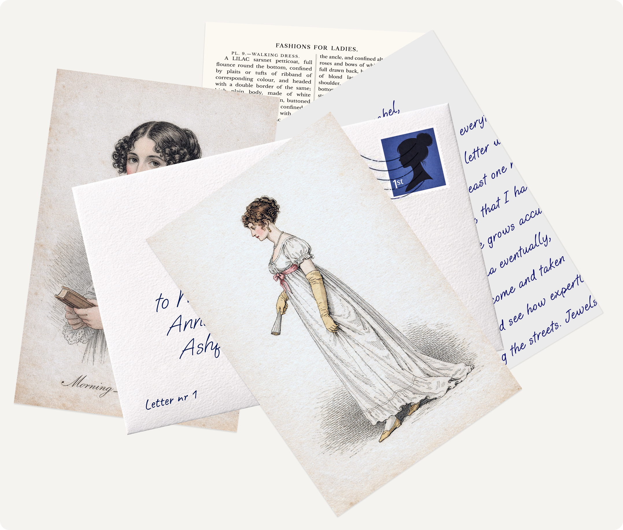 A flatlay of handwritten Regency letters, fashion plates and pressed flowers
